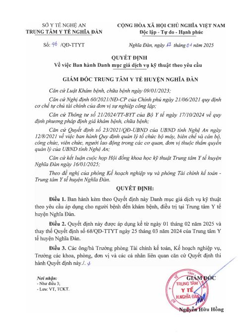 QUYẾT ĐỊNH BAN HÀNH DANH MỤC GIÁ DỊCH VỤ THEO YÊU CẦU TTYT NGHĨA ĐÀN