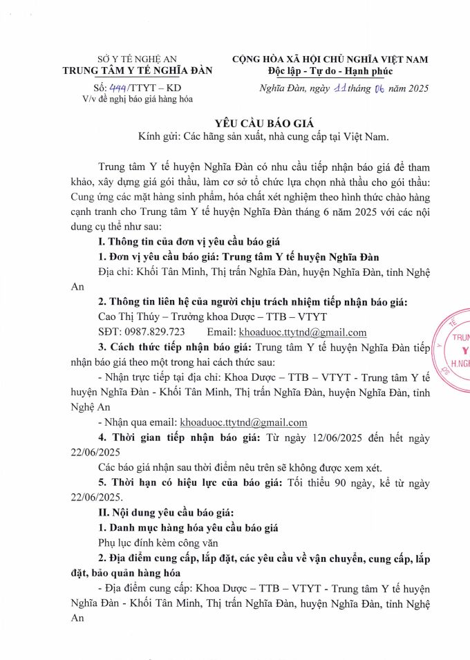 YÊU CẦU BÁO GIÁ CUNG ỨNG CÁC MẶT HÀNG SINH PHẨM, HOÁ CHẤT XÉT NGHIỆM NĂM 2025