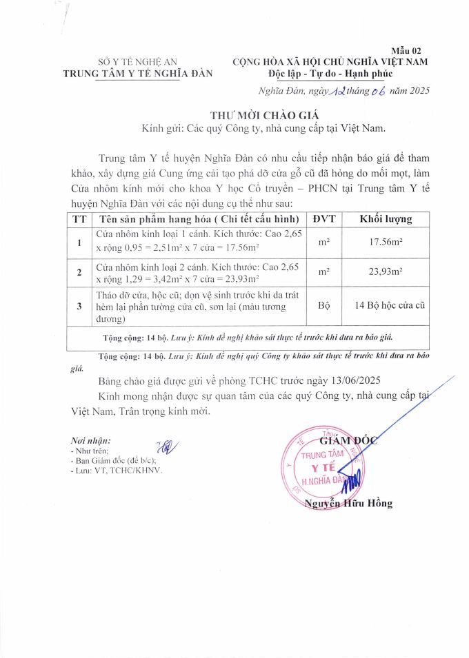 THƯ MỜI GIÁ CUNG ỨNG LÀM CỬA NHÔM KÍNH TTYT NGHĨA ĐÀN