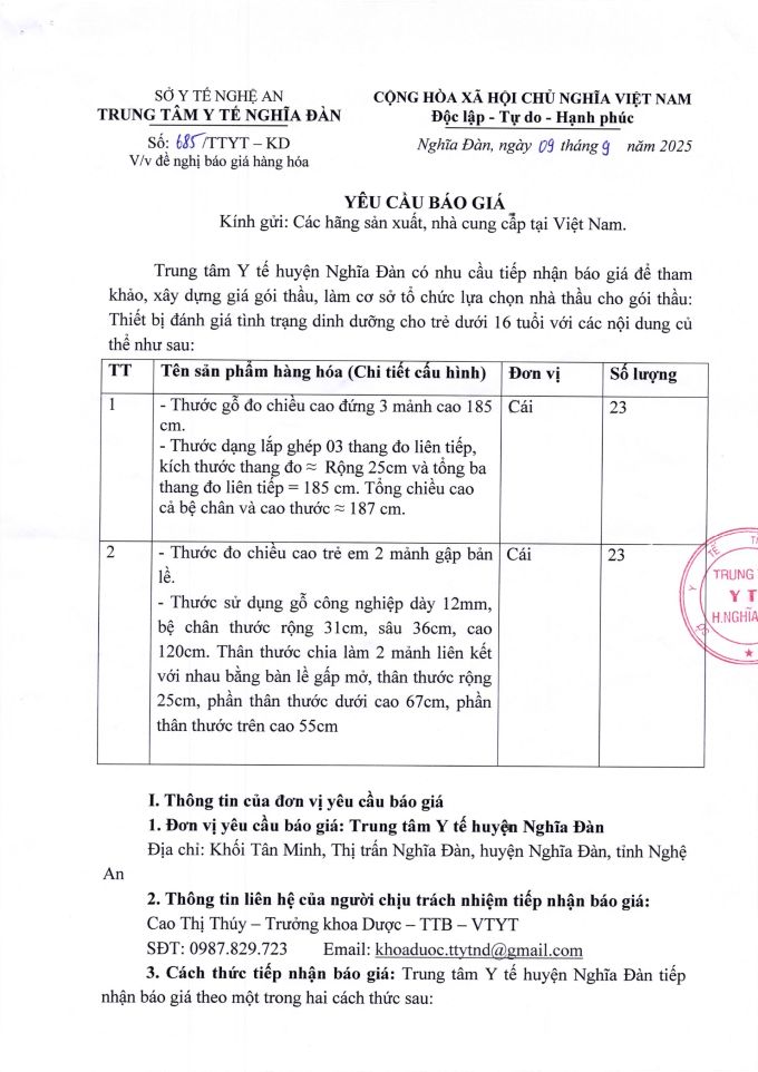 YÊU CẦU BÁO GIÁ THIẾT BỊ ĐÁNH GIÁ TÌNH TRẠNG DINH DƯỠNG CHO TRẺ DƯỚI 16 TUỔI