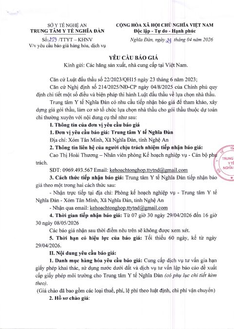 YÊU CẦU BÁO GIÁ CÁC HÃNG SẢN XUẤT, NHÀ CUNG CẤP TẠI VIỆT NAM