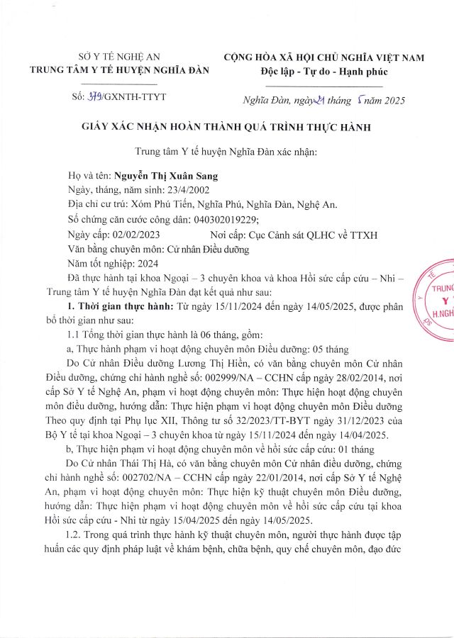 GIẤY XÁC NHẬN HOÀN THÀNH QUÁ TRÌNH THỰC HÀNH
