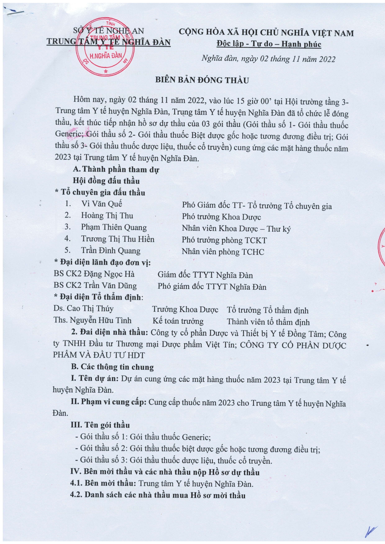 BIỂN BẢN ĐÓNG MỞ 3 GÓI THẦU CUNG ỨNG CÁC MẶT HÀNG THUỐC NĂM 2023 TẠI TTYT NGHĨA ĐÀN