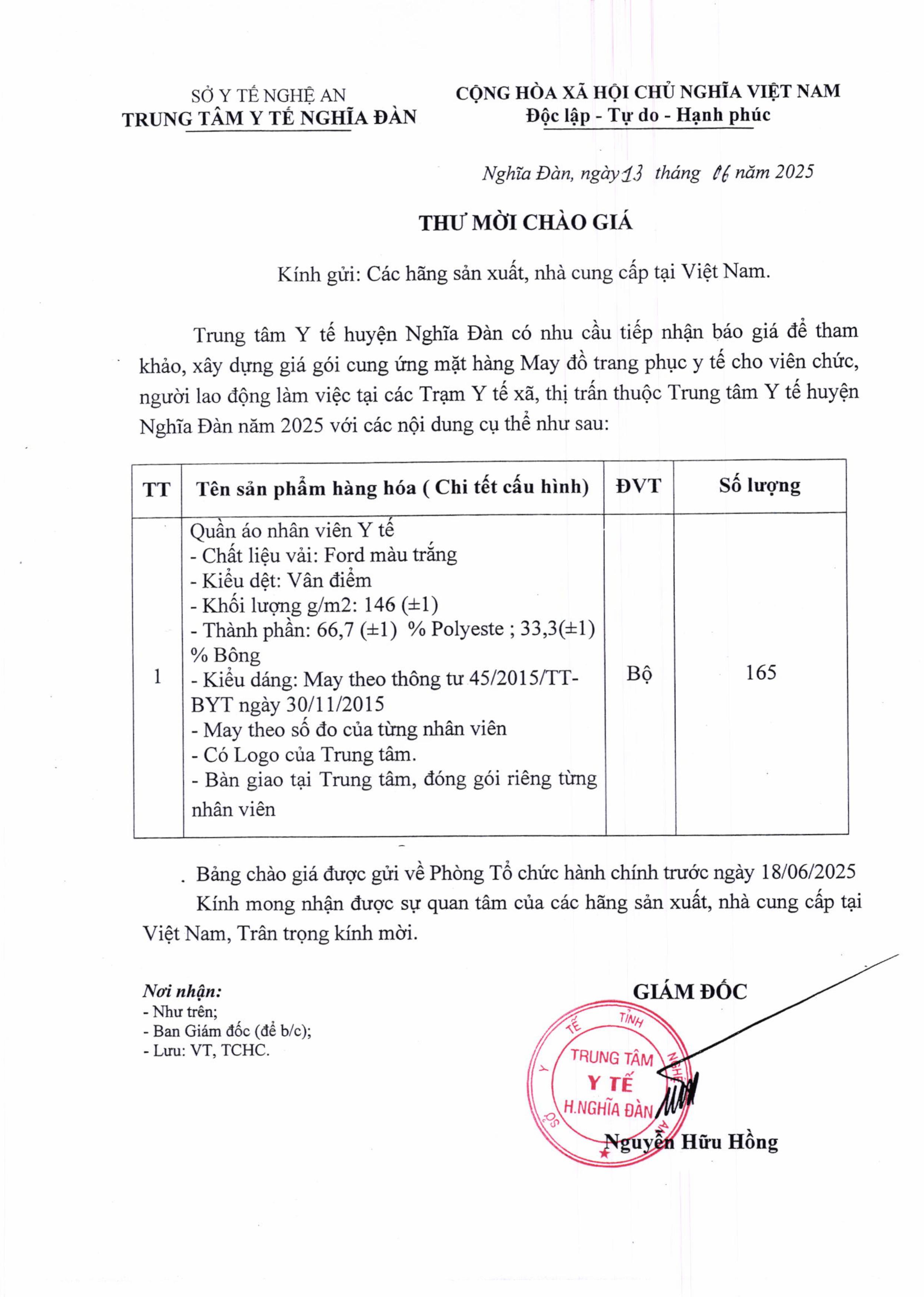 CHÀO GIÁ CUNG ỨNG MẶT HÀNG MAY ĐỒ TRANG PHỤC Y TẾ CHO VIÊN CHỨC, NGƯỜI LAO ĐỘNG
