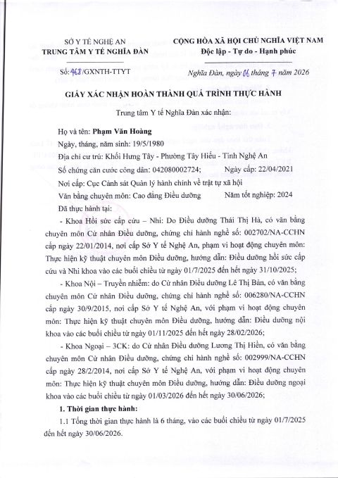 GIẤY XÁC NHẬN HOÀN THÀNH QUÁ TRÌNH THỰC HÀNH PHẠM VĂN HOÀNG