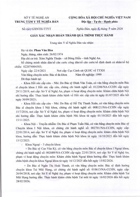 GIẤY XÁC NHẬN HOÀN THÀNH QUÁ TRÌNH THỰC HÀNH PHAN VĂN HOÀ