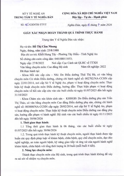 GIẤY XÁC NHẬN HOÀN THÀNH QUÁ TRÌNH THỰC HÀNH HỒ THỊ CẨM NHUNG