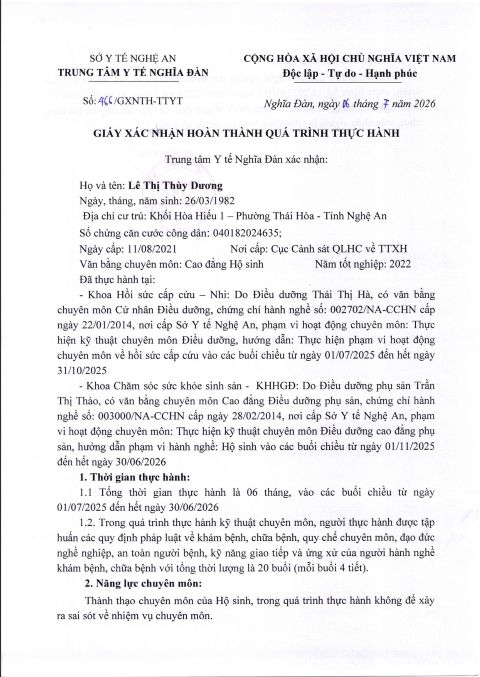 GIẤY XÁC NHẬN HOÀN THÀNH QUÁ TRÌNH THỰC HÀNH LÊ THỊ THUỲ DƯƠNG